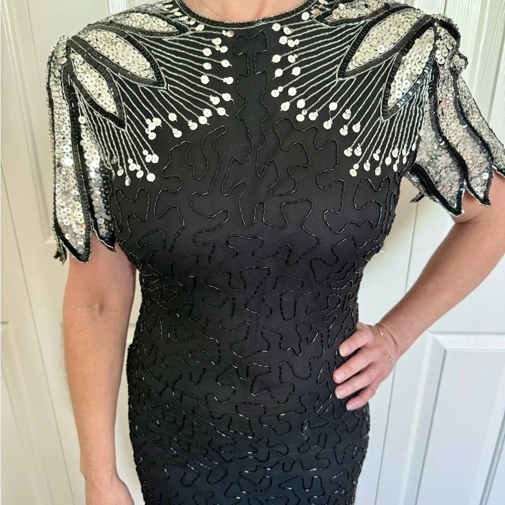 Vintage Laurence Kazar Sequin Black and Silver Silk Cocktail Dress Size S - Picture 2 of 9
